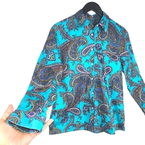 Talbots Turquoise Black Paisley Button up Long Sleeve Blouse - Picture 3 of 7